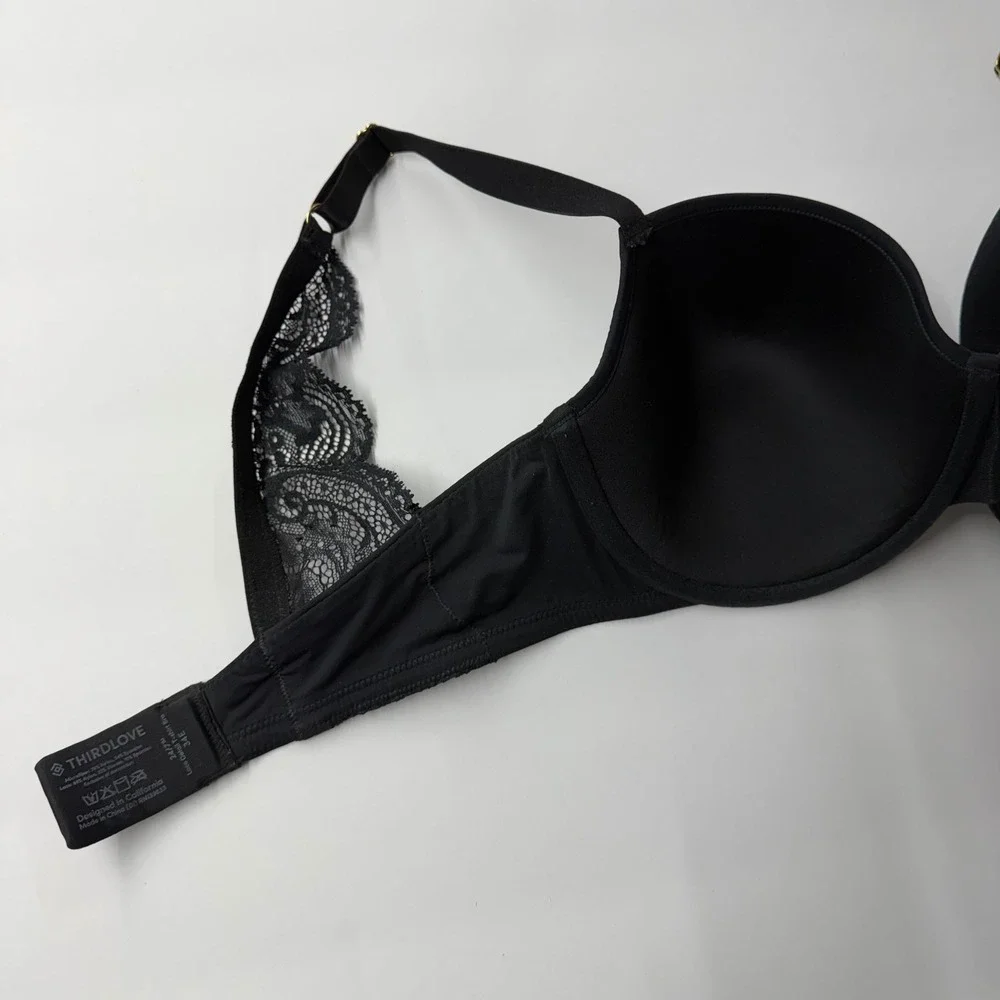 Third Love 24/7 Lace Detail T-Shirt Bra Size 34E Black Lace Back Strap